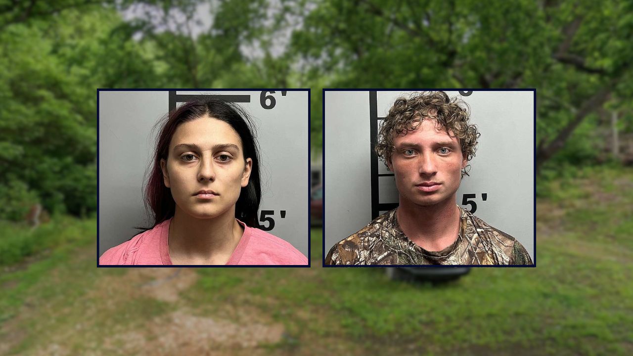Morgan Young and Hunter Anderson appear inset left to right against an image of a residence in Arkansas.