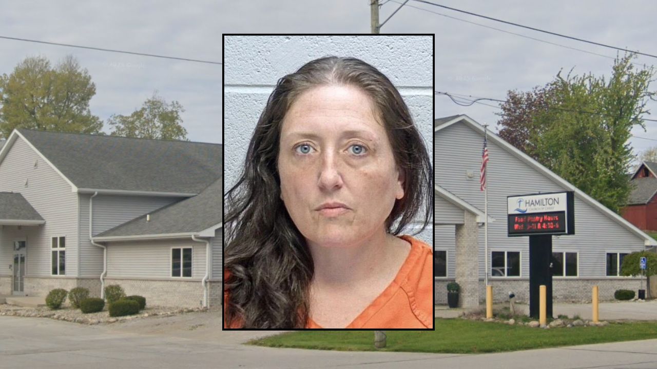 Inset: Amy Fuller (Steuben County Jail). Background: The area where Fuller allegedly punched a young child (Google Maps).