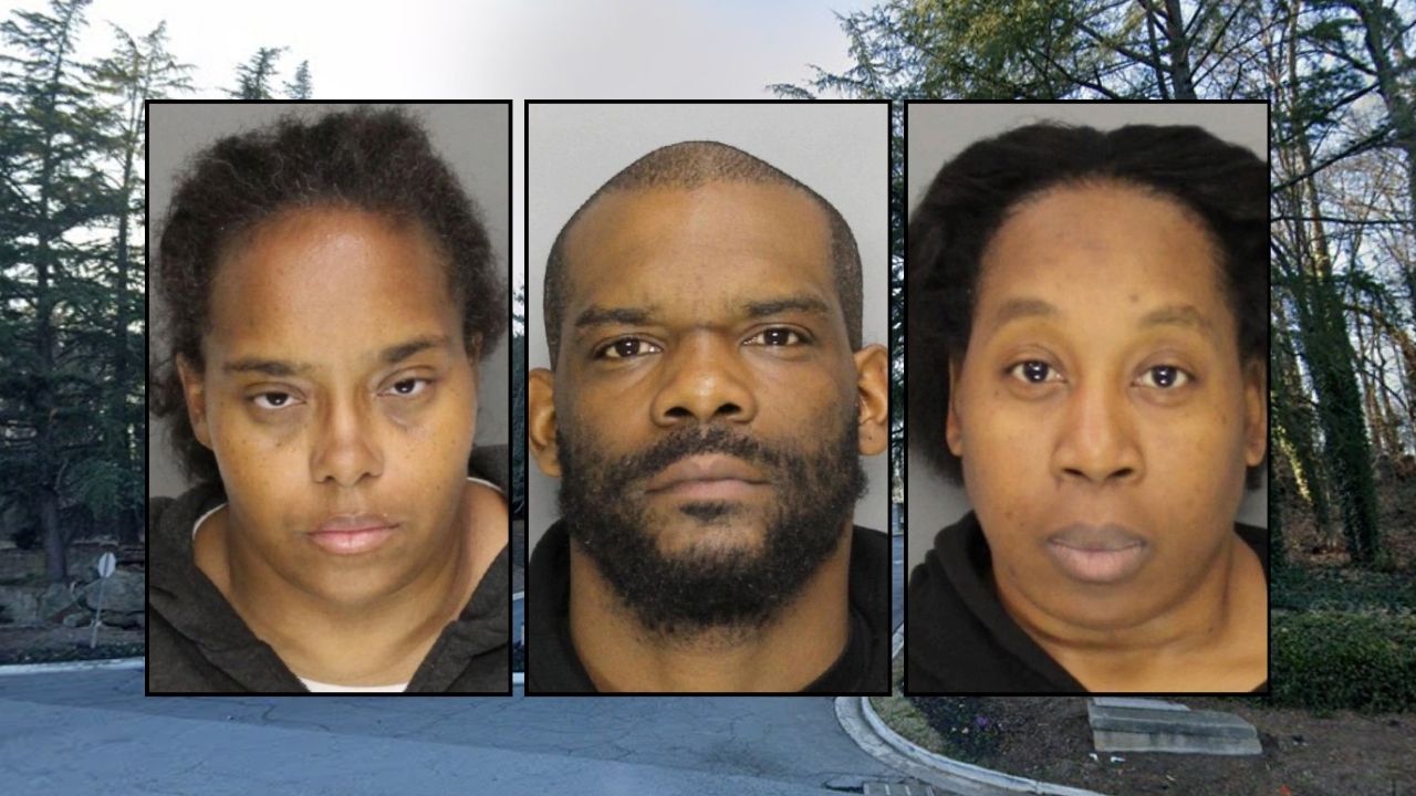 Left inset: Ashley Jackson. Center inset: Derrick Jackson. Right inset: Briana Reynolds (Cobb County Sheriff's Office). Background: The entrance to the Georgia apartment complex where Ashley Jackson, Derrick Jackson, and Briana Reynolds were allegedly keeping their 15 children in "deplorable conditions" (Google Maps).