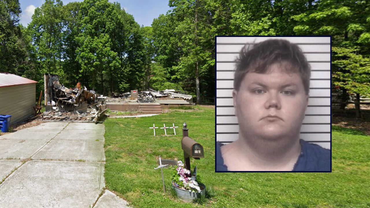 Corey Cook appears inset against the wreckage of his home in North Carolina.