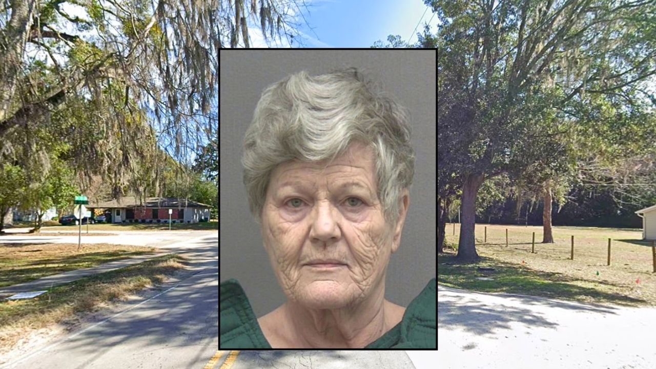 Inset: Cynthia Correll (Alachua County Sheriff's Office). Background: The area where Florida cops say Cynthia Correll lives with her husband in a shed (Google Maps).