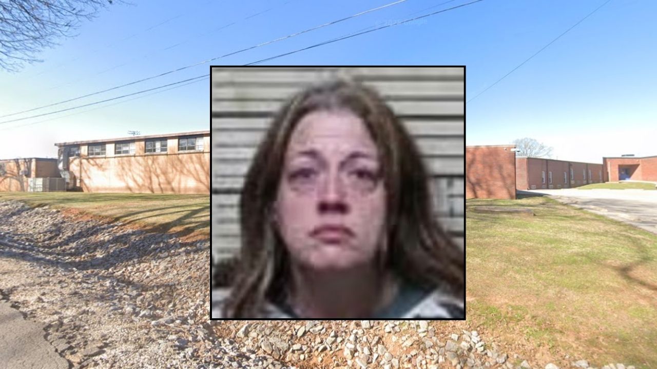 Inset: Debra Robertson (Carroll County Sheriff's Office). Background: The headquarters for the Tennessee school district that Debra Robertson works for as a teacher, which has suspended her (Google Maps).