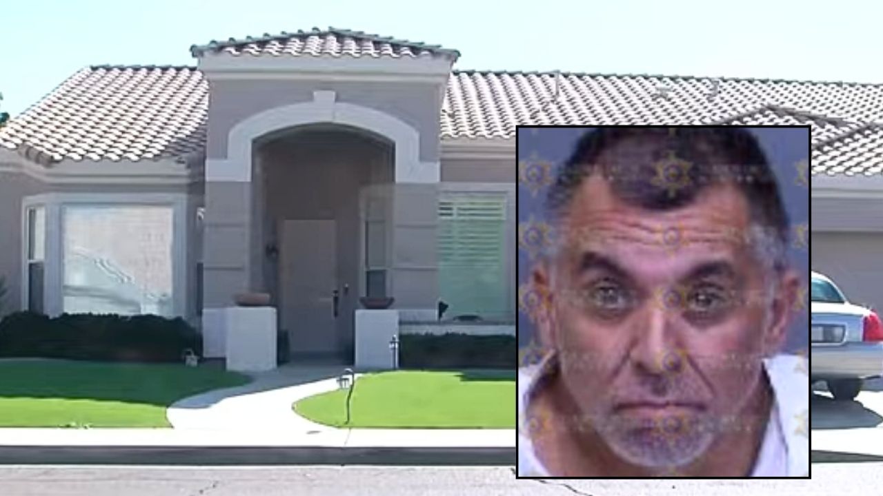 Inset: Gary Crawford (Maricopa County Sheriff's Office). Background: The Arizona home where Gary Crawford attacked his mom and stepdad with a hammer (AZ Family/YouTube).