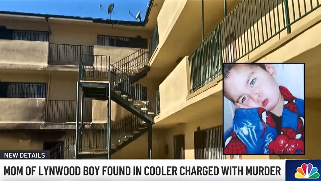 Inset: Isaiah H. (KTLA/YouTube). Background: The California apartment complex where Destiny Harrison and Daniel Monzon's son, Isaiah H., was found dead inside a cooler filled with ice (KNBC/YouTube).