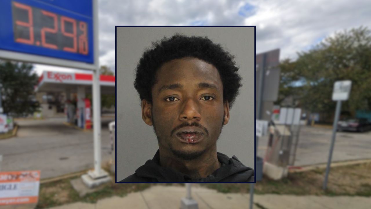 Khabir Smith appears inset against a gas station in Pennsylvania.