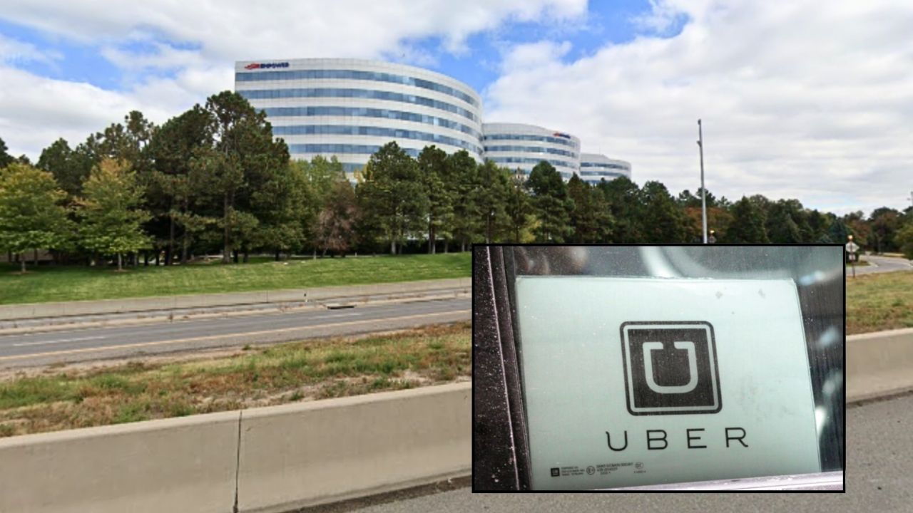 Background: The area along Interstate 25 in Greenwood Village, Colo., where Luis Enrique-Pena allegedly killed another driver while going 144 mph in a BMW (Google Maps). Inset: Stock photo of an Uber in New York (AP Photo/Seth Wenig).