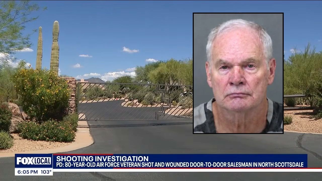 Inset: Patrick McBride (Maricopa County Sheriff's Office). Background: The private community in Arizona where Patrick McBride allegedly shot and killed a door-to-door salesman (KSAZ/YouTube).