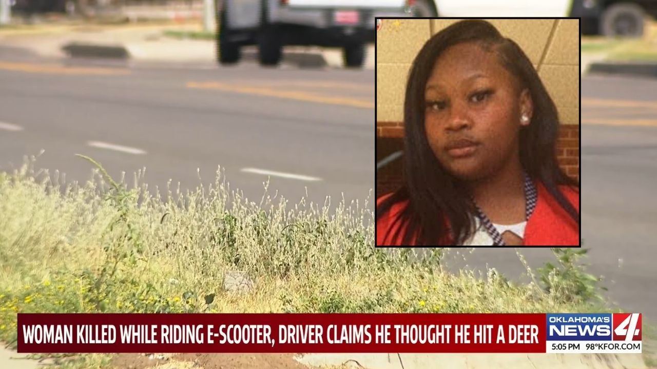 Inset: Raynesha Scyrus (GoFundMe). Background: The area where Raynesha Scyrus was allegedly struck and killed in Oklahoma City (KFOR/YouTube).