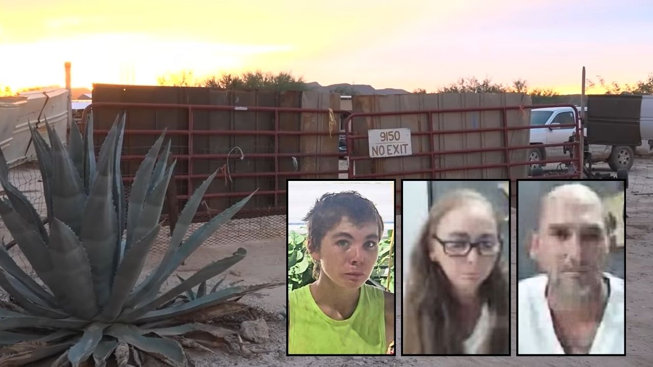 Left inset: Ryker Lee (Pima County Sheriff's Department). Center inset: Danielle Lee-Sharp (KPNX). Right inset: Michael Menzie (KPNX). Background: The Arizona property where Danielle Lee-Sharp and Michael Menzie were living with reported runaway Ryker Lee (KPNX/YouTube).