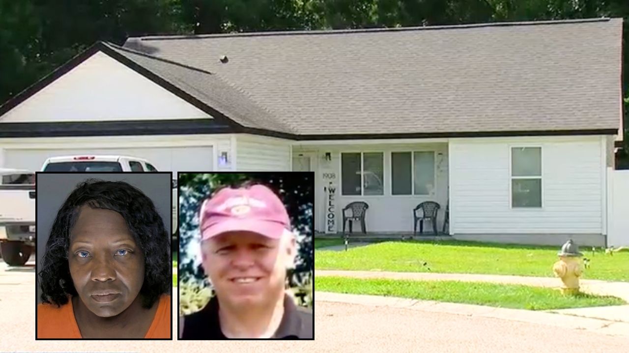 Left inset: Sarah Smalls (Horry County Sheriff's Office). Right inset: Robert Rowland (WMBF/Nora Rowland). Background: The South Carolina home that Robert Rowland's daughter says was signed over to his nurse while he was battling Parkinson's and a brain injury (WMBF).