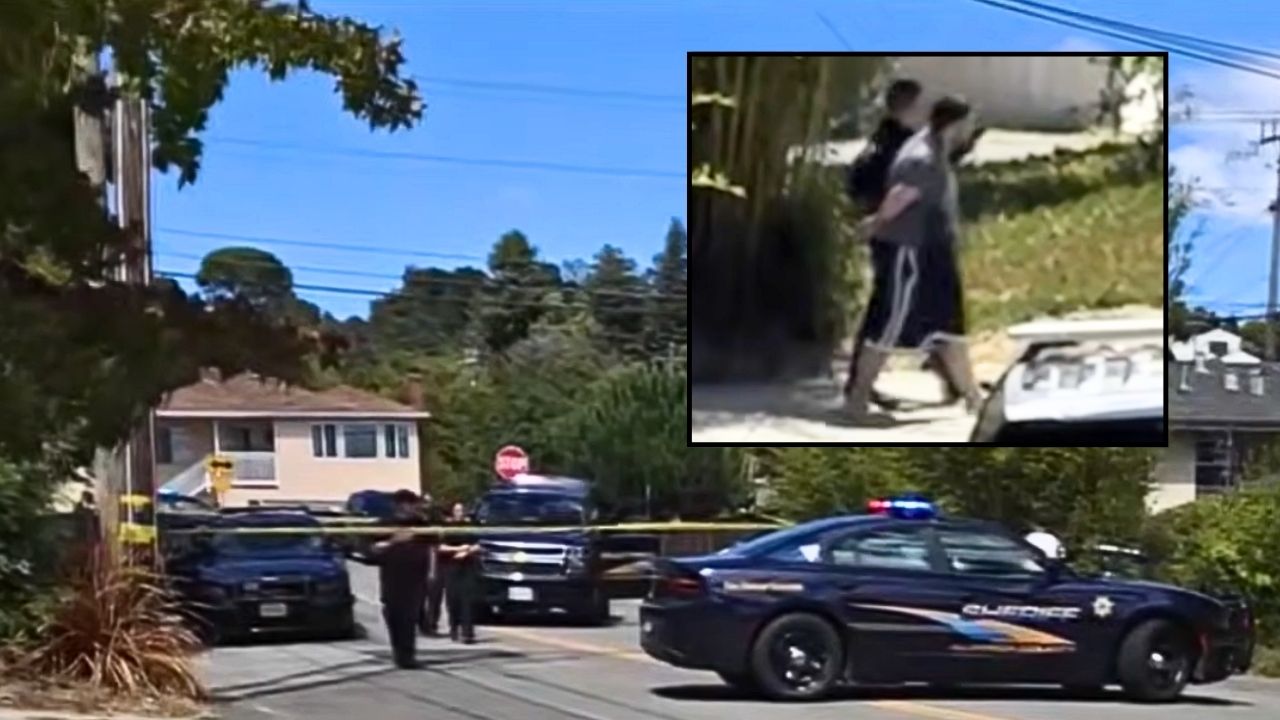Inset: John Thomas Powell, 20, being taken into custody. Background: California police at the residence where John Thomas Powell allegedly stabbed his father to death (KTVU/YouTube).