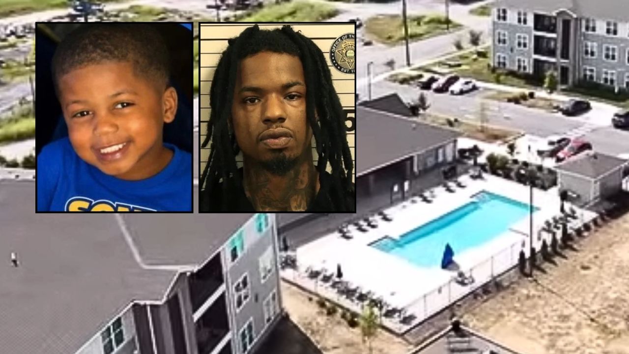 Left inset: Sy'mir Draco Vinson (Taylor Funeral Home of Chattanooga). Right inset: Deshundre Vinson (Hamilton County Sheriff's Office). Background: The Tennessee apartment complex pool where cops say Sy'mir Draco Vinson drowned (WTVC/YouTube). 