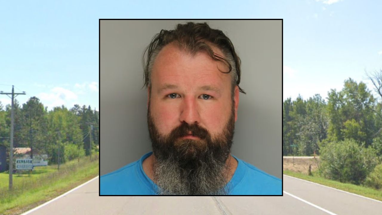 Inset: Timothy William Arthur Hall (Cass County Sheriff's Office). Background: The area in Minnesota where Hall allegedly killed a man with his truck (Google Maps).