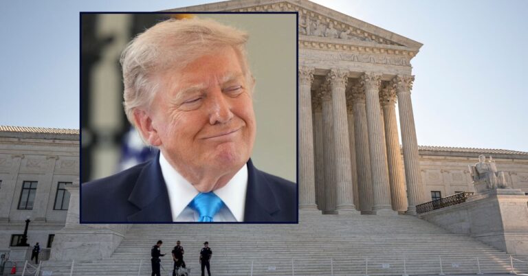 Donald Trump inset against the U.S. Supreme Court building.