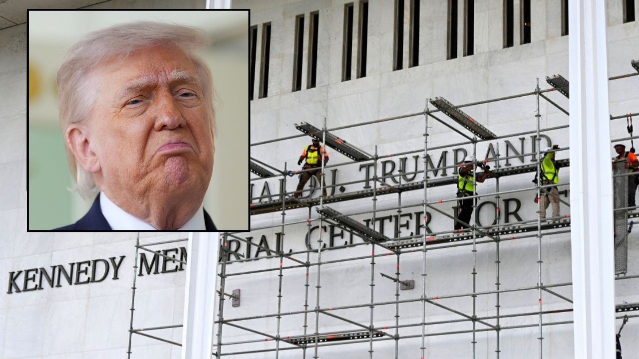 Inset: President Donald Trump speaks outside the Oval Office of the White House, Monday, April 13, 2026, in Washington (AP Photo/Alex Brandon). Background: Workers stand on scaffolding near the signage for the Donald J. Trump and John F. Kennedy Memorial Center for the Performing Arts in Washington, DC, on June 12, 2026. (Photo by Olivier Douliery/Abaca/Sipa USA - Sipa via AP Images). Inset: President Donald Trump leaves a St. Patrick's Day event in the East Room of the White House on March 17, 2026, in Washington, D.C. (Photo by Samuel Corum/Sipa USA)(Sipa via AP Images).