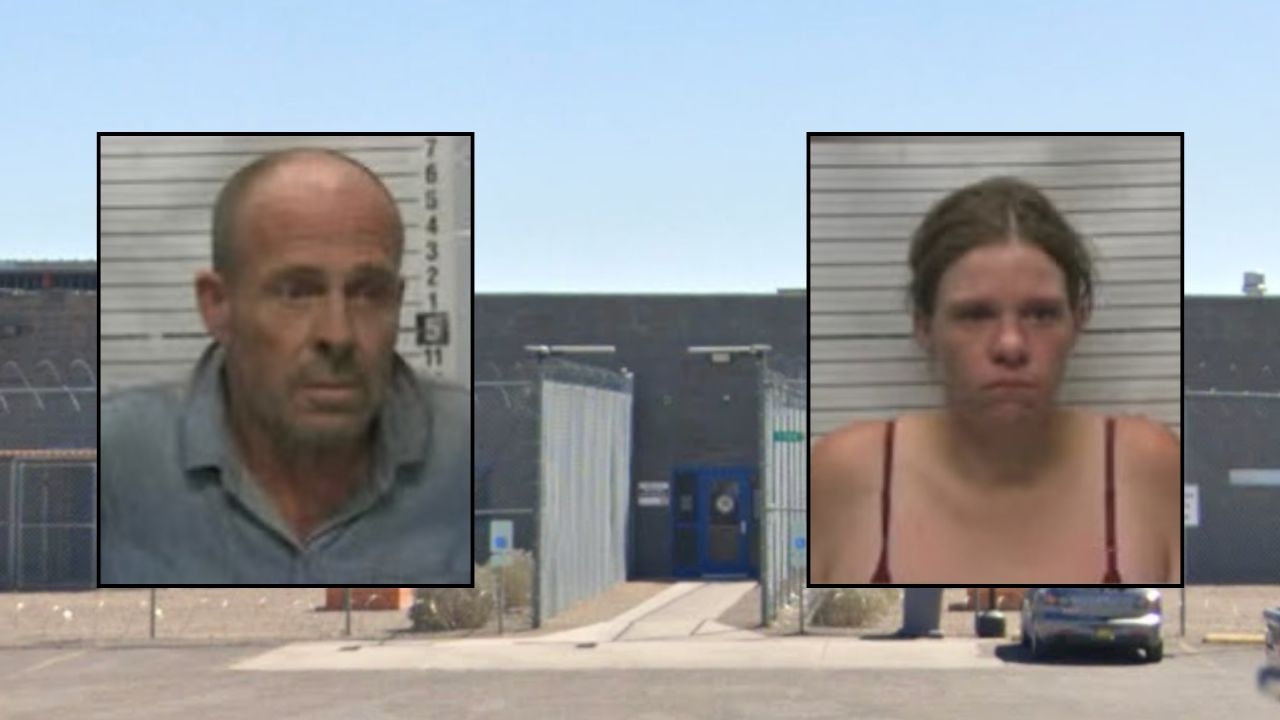 Inset, left to right: Bruce Anglin and Samantha Anglin (Sixth Judicial District Attorney's Office). Background: Luna County Jail in N.M. (Google Maps).