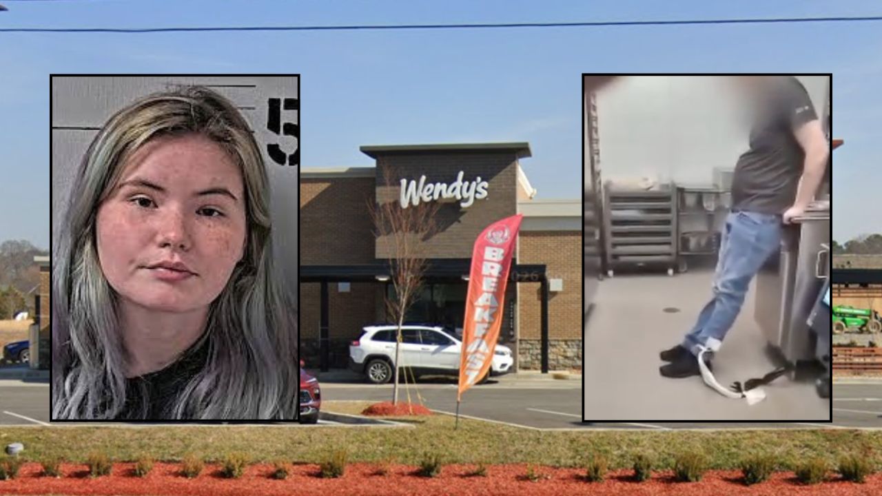 Inset, left to right: Michiko Burton (Murfreesboro Police Dept.) and the employee Burton allegedly chained to a Wendy's grill (WSMV). Background: The Wendy's in Tenn. where the incident took place (Google Maps).