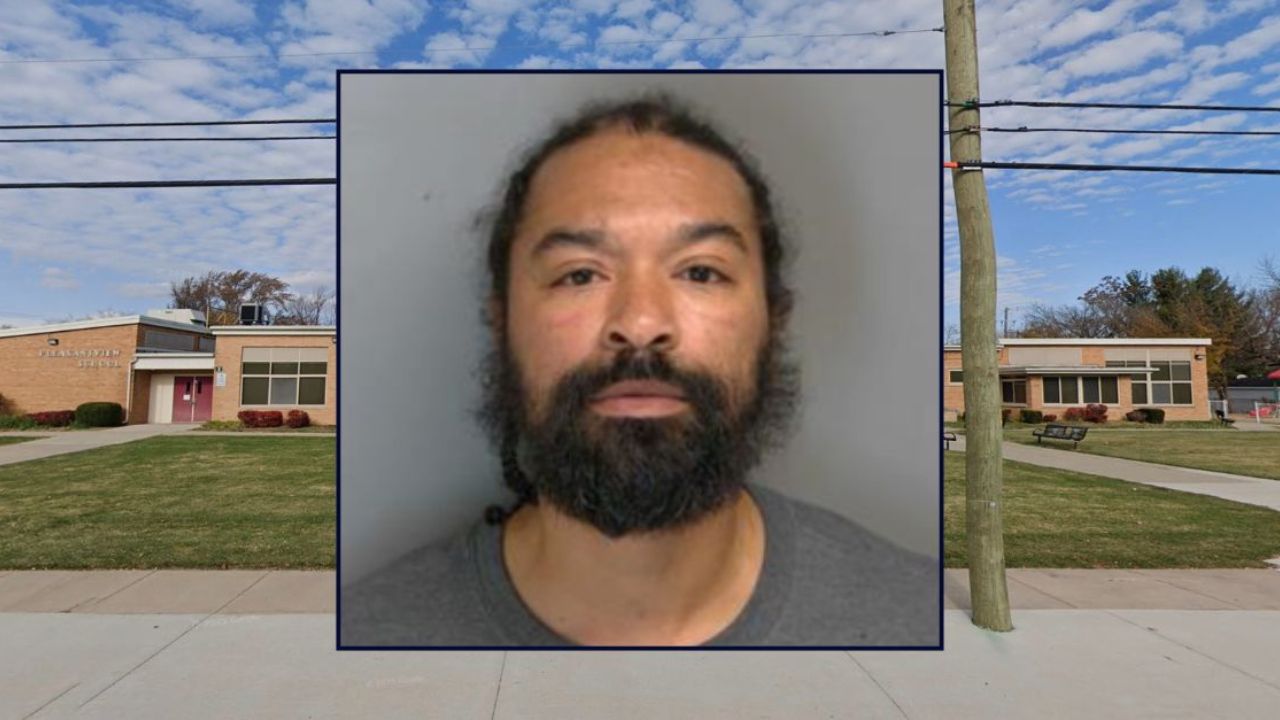 Inset: David Scott Jr. (Macomb County Prosecutor's Office). Background: The elementary school that Scott allegedly threatened to shoot up (Google Maps).