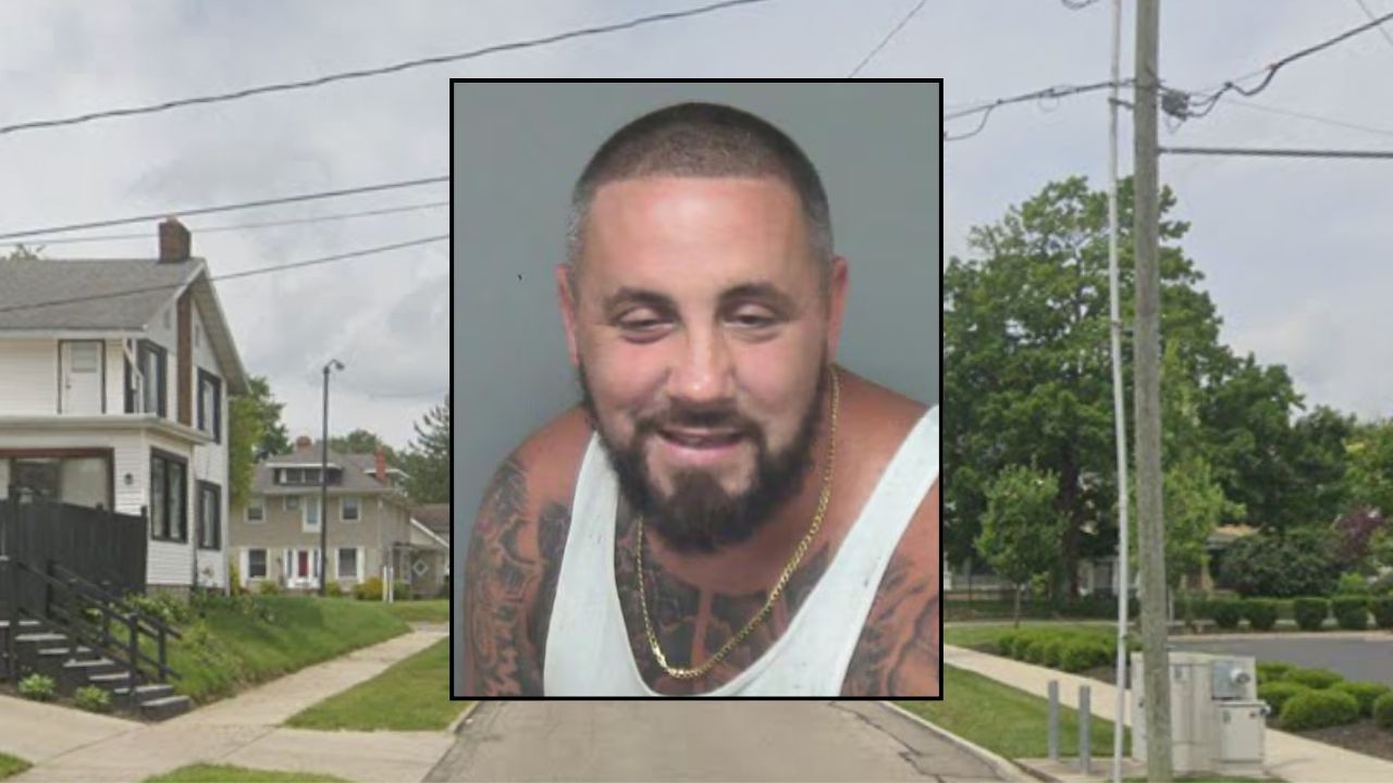 Inset: Tyler Dowler (Clark County Jail). Background: The area in Ohio where Dowler allegedly struck and killed a pedestrian (Google Maps).