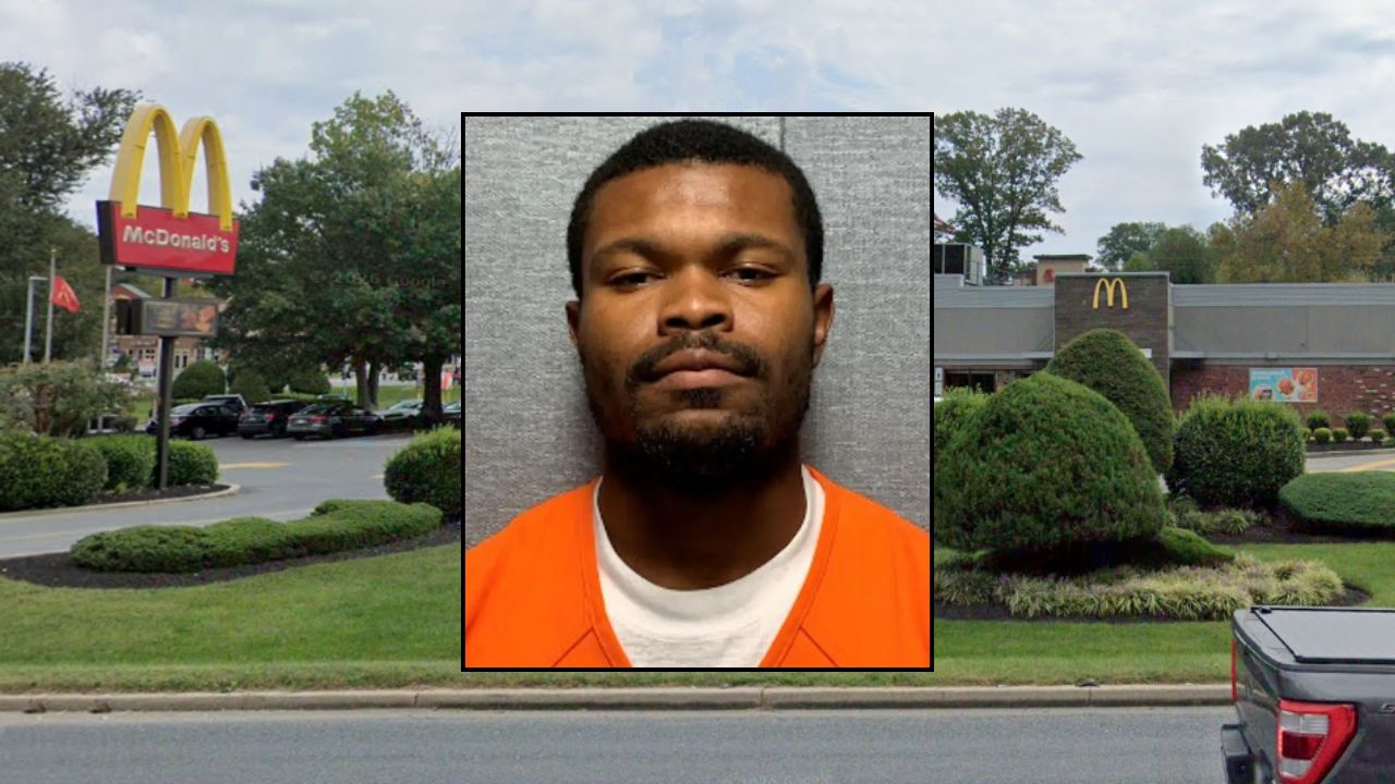 Inset: Ja'Quan Dontremique Green (Prince George's County Police). Background: The McDonald's where Green killed an employee in May 2022 (Google Maps).