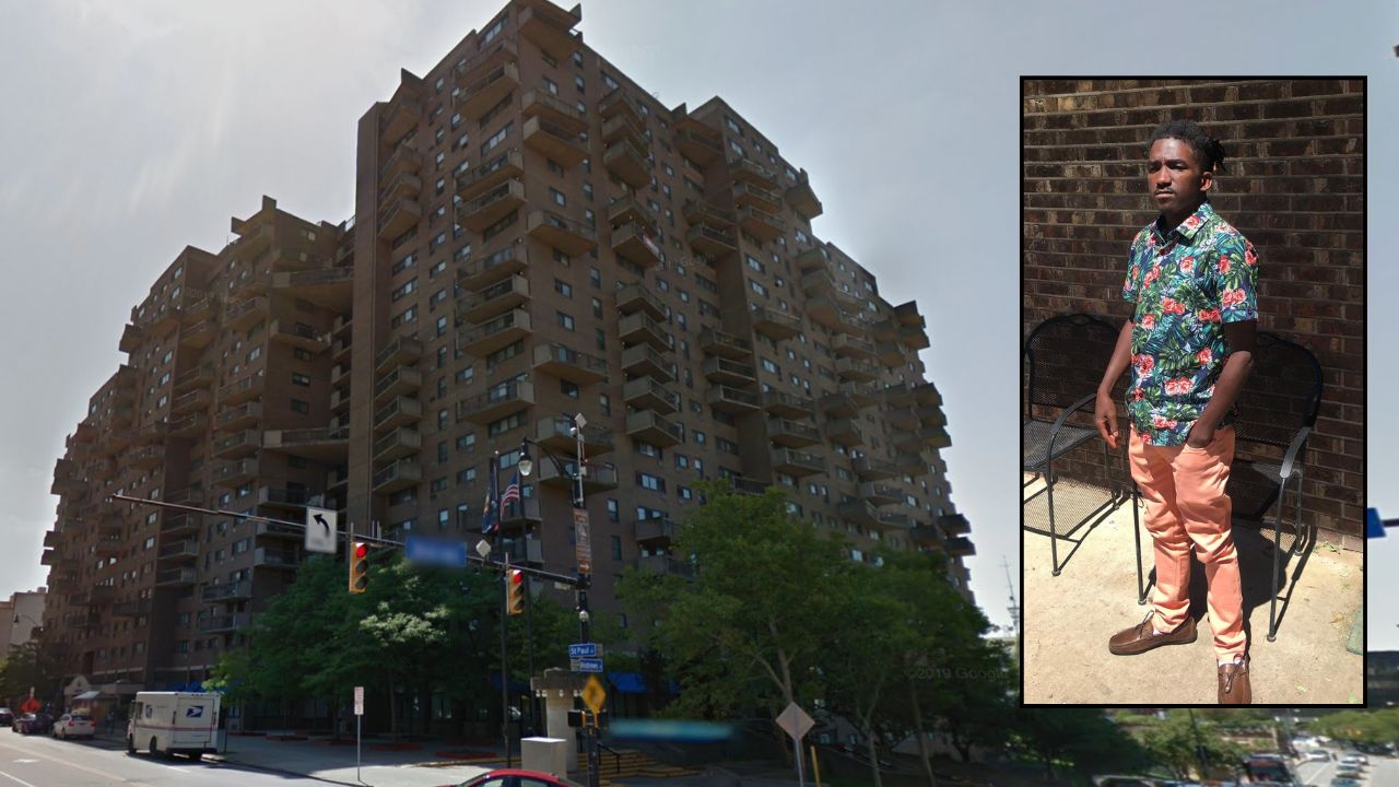 Inset: Timothy Green (Center for Disability Rights). Background: The apartment building where Green's mother allegedly starved him to death (Google Maps).