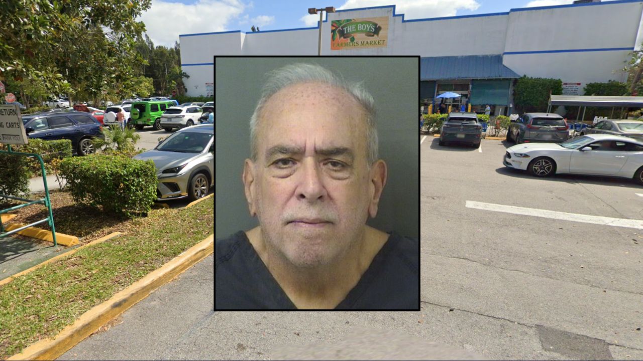 Inset: Glenn Stuart Hartman (PBCSO). Background: The farmers market where Hartman allegedly tried to run down a random pedestrian (Google Maps).