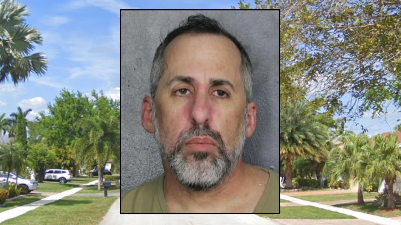 Inset: Marc S. Horowitz (Broward County Sheriff's Office). Background: The area in Florida where Horowitz allegedly assaulted his wife (Google Maps).
