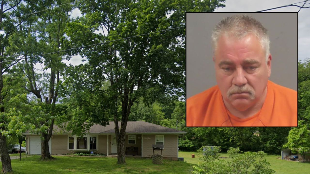 Inset: Harold Luster (Jefferson County, Missouri Sheriff's Office). Background: The Missouri home where Luster killed his son (Google Maps).