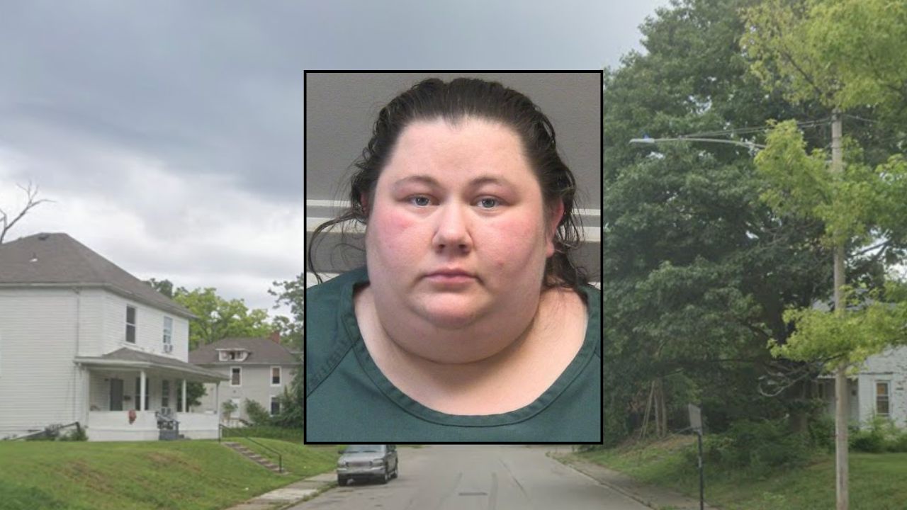 Inset: Heather Pippen (Montgomery County Jail). Background: The area in Ohio where Pippen abused her children (Google Maps).