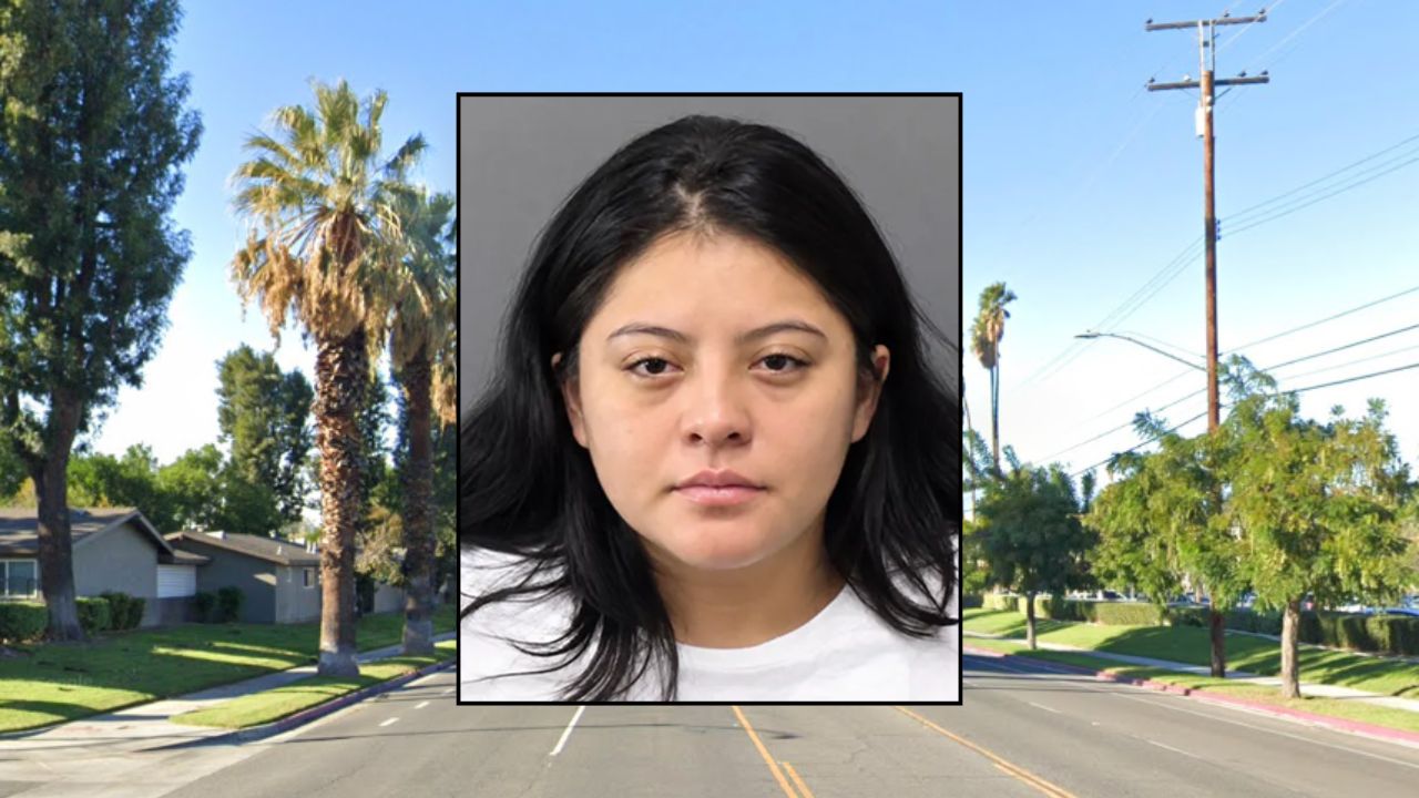 Inset: Astrid Nohemi Lopez Ramos (Riverside County Sheriff's Office). Background: The area in Riverside where Ramos' newborn was recovered (Google Maps).