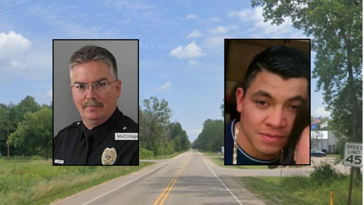 Inset, left to right: Obilio Tomas Sargento Roblero (Pulaski County Regional Detention Facility) and Tom Roberts (Green Bay Police Dept.). Background: The area in Wisconsin where Roblero killed Roberts in a hit-and-run crash (Google Maps).