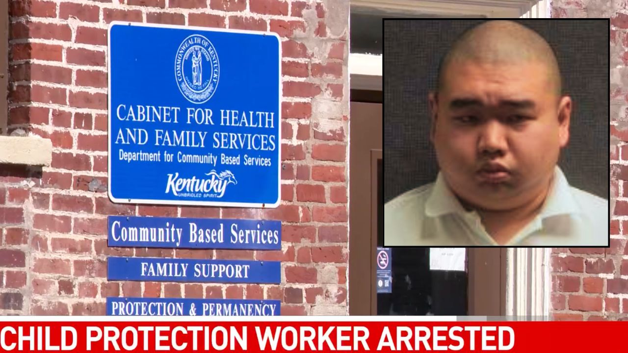 Inset: Alan Zhang (Boone County Jail). Background: The Kentucky Cabinet for Health and Family Services where Zhang worked (WKRC).