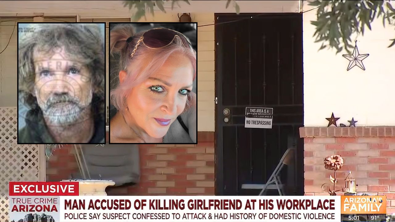 Left inset: Anthony Errigo Jr. (Maricopa County Sheriff's Office). Right inset: Kiersten Fabiani (Facebook). Background: The Arizona home where Phoenix laborer Anthony Errigo Jr. worked and allegedly killed his girlfriend Kiersten Fabiani (AZ Family/YouTube).