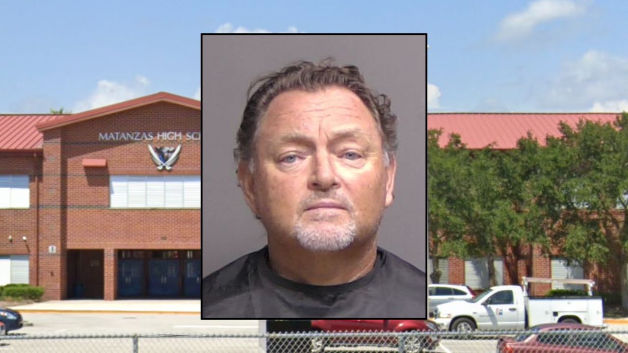 Inset: Bryan Schewitz (Flagler County Sheriff's Office). Background: Matanzas High School in Palm Coast, Florida (Google Maps).