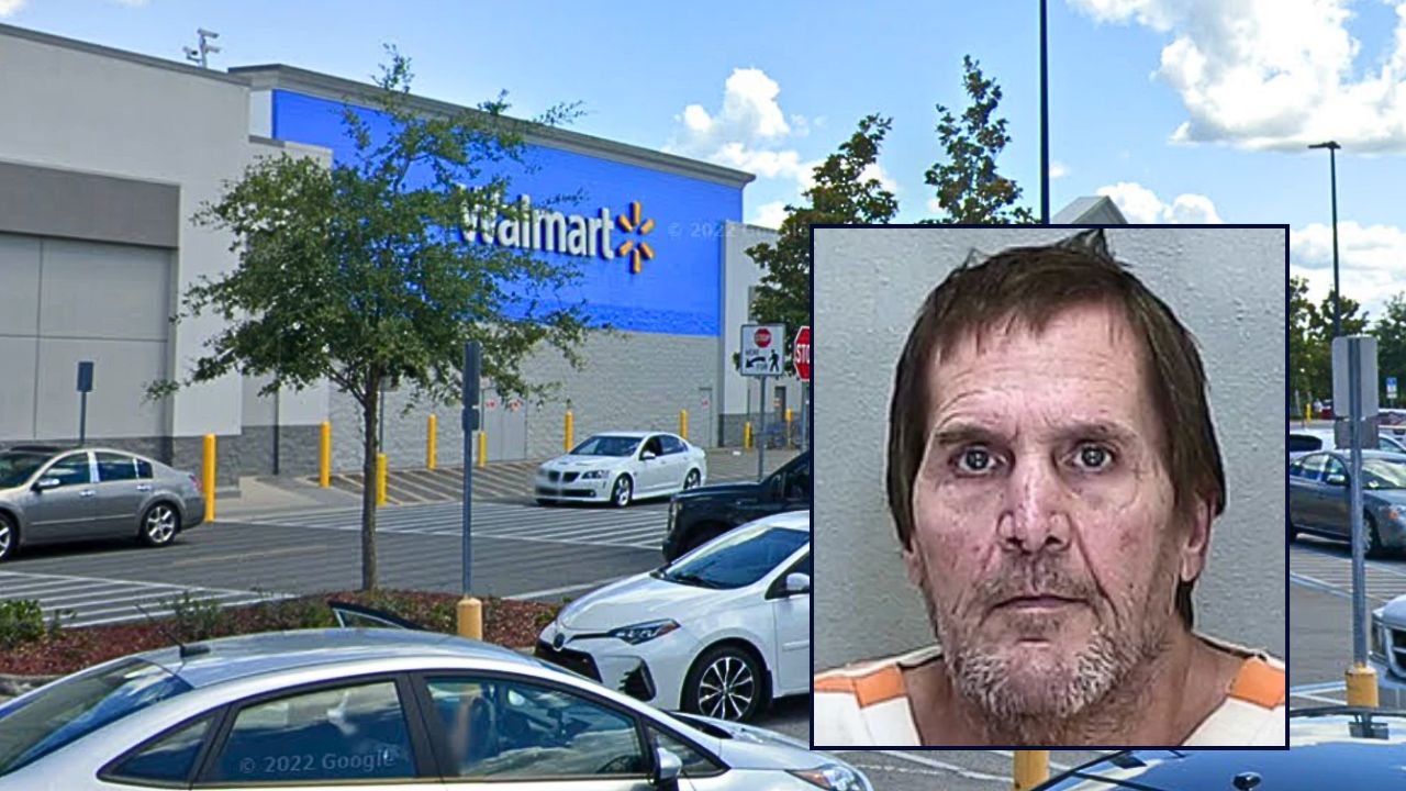 Inset: Burton McDonald (Marion County Sheriff's Office). Background: The Walmart in Ocala, Fla., where Burton McDonald and his roommate were being picked up by an Uber (Google Maps).