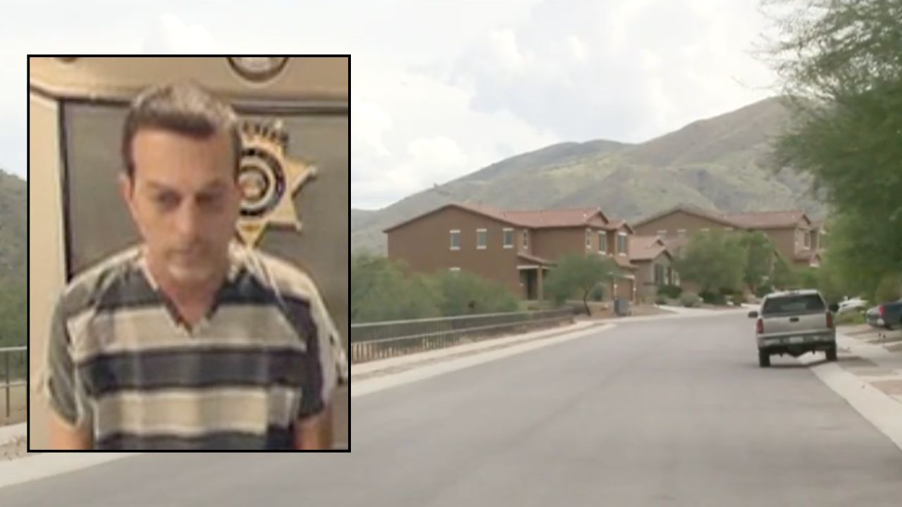 Inset: Joseph J. Clark appearing in Pima County Court Oct. 10, 2026 (KOLD). Background: The area in Arizona where Clark allegedly killed his wife (KVOA).