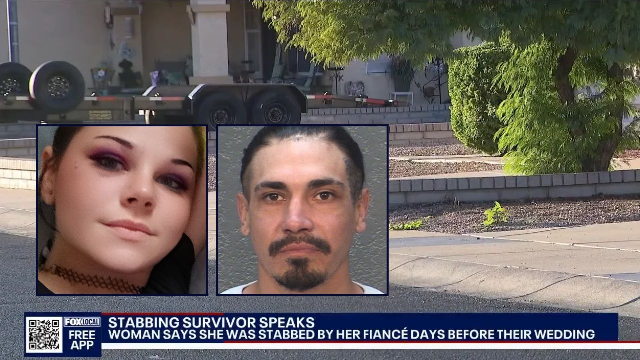 Left inset: Emily Byles (GoFundMe). Right inset: Zachary Velasquez (Arizona Department of Corrections, Rehabilitation and Reentry). Background: The neighborhood in Glendale, Ariz., where Emily Byles was living when her fiance Zachary Velasquez allegedly attacked her (KSAZ/YouTube).