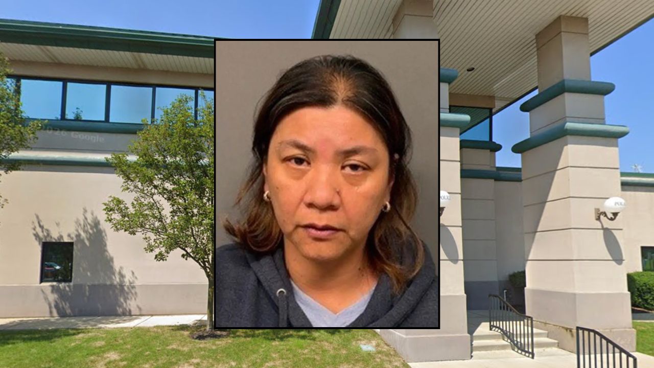 Inset: Rohweniven Bacani (Bergen County Prosecutor's Office). Background: The Fort Lee Police Department in NJ (Google Maps).