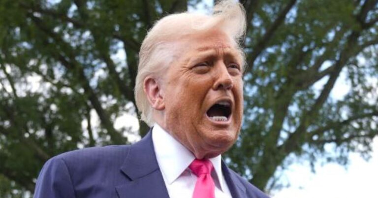 President Donald Trump speaks to the media as he leaves the White House, Tuesday, July 15, 2025, in Washington, as White House press secretary Karoline Leavitt, looks on (AP Photo/Manuel Balce Ceneta).