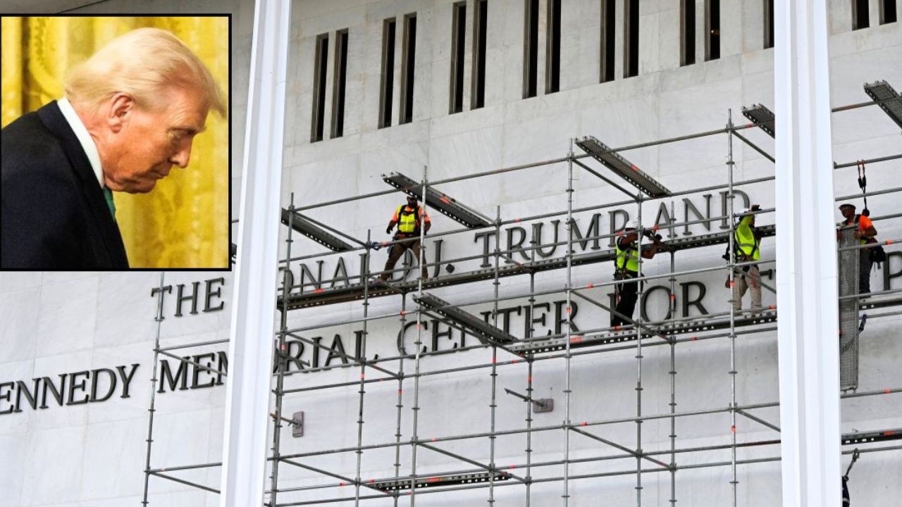 Donald Trump inset against the Kennedy Center while it is under construction.