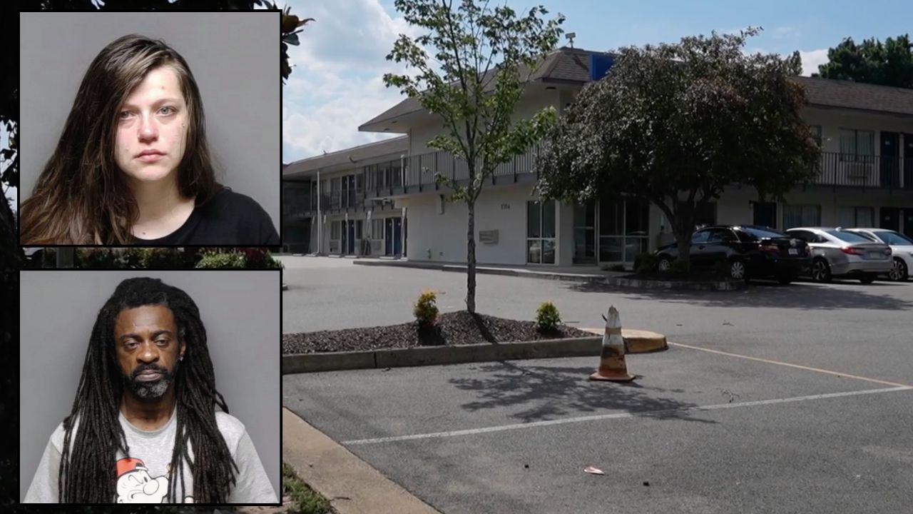 Inset, top to bottom: Aston M. Leeper and Derrick D. Carter (Henrico County Police). Background: The Motel 6 where the couple
