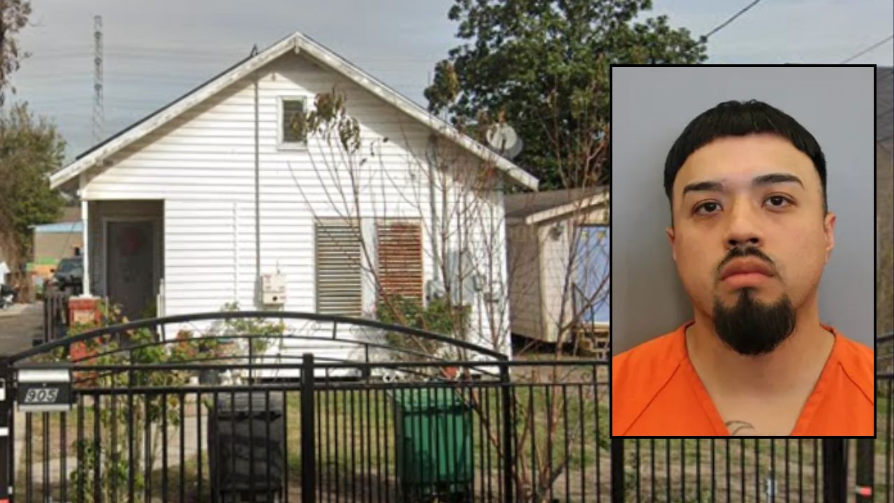 Inset: David Elijah Herrera (HPD). Background: The home where Herrera allegedly killed his ex-girlfriend and her new boyfriend (Google Maps).