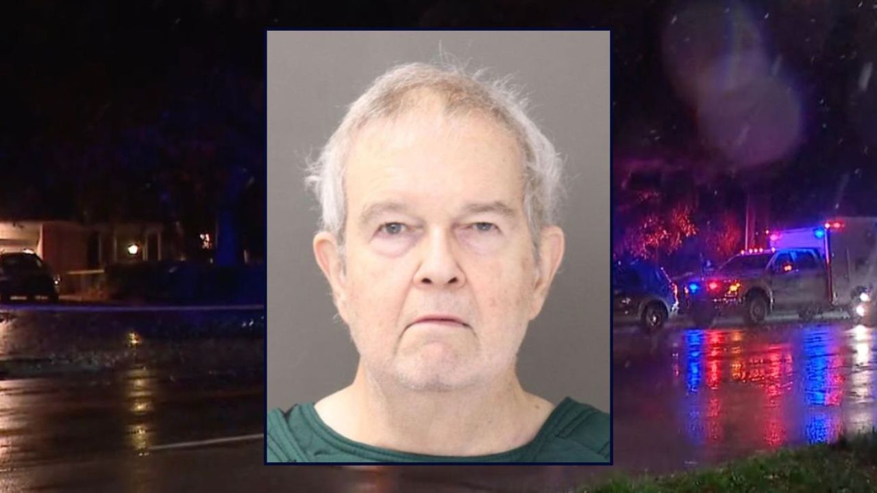 Inset: James S. Hill (Franklin County Sheriff's Office). Background: The scene outside the home after Hill allegedly killed his wife (WSYX).