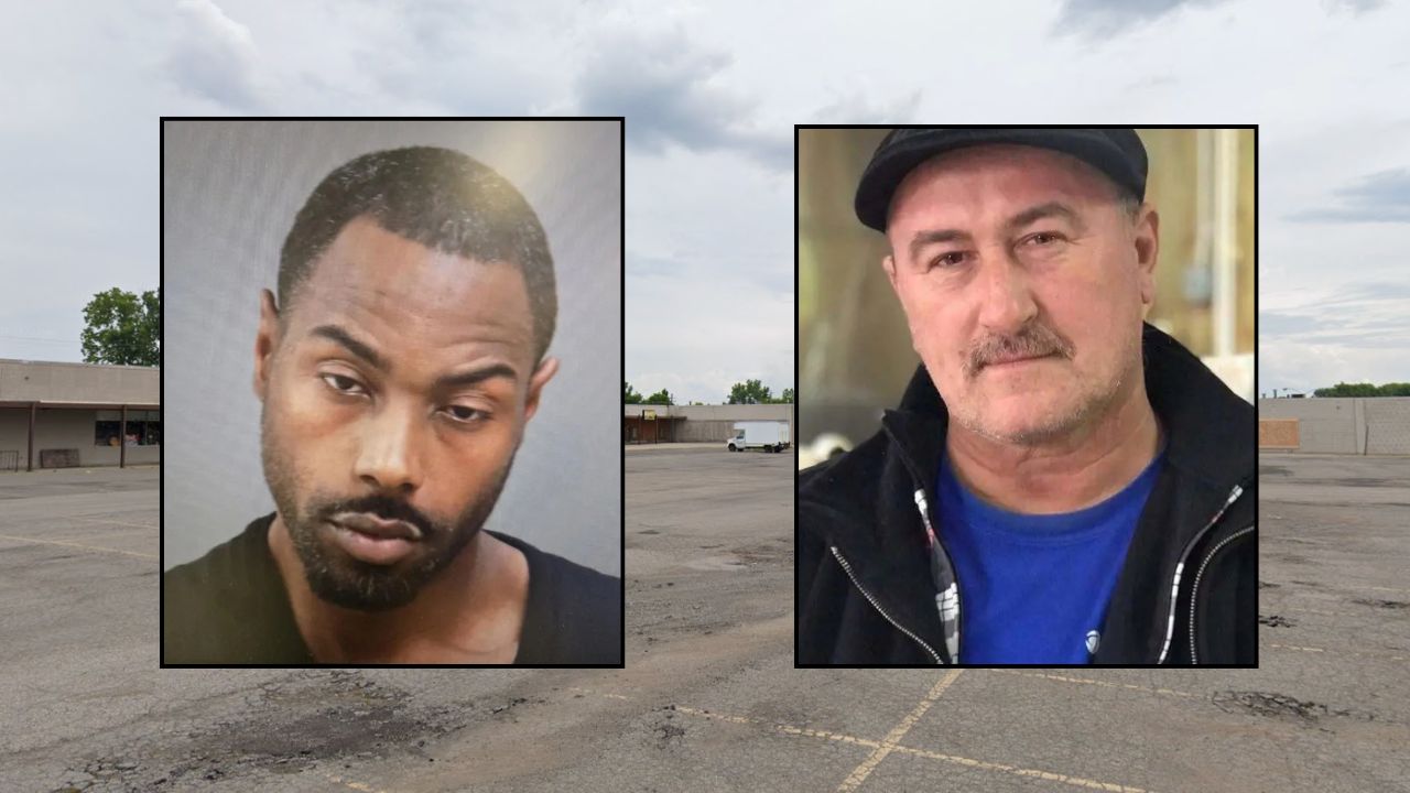 Inset, left to right: Zarick Lamont Johnson (Macomb County Jail) and Mirhad Cehic (Facebook). Background: The County Line Trade Center, where Johnson allegedly killed a vendor (Google Maps).