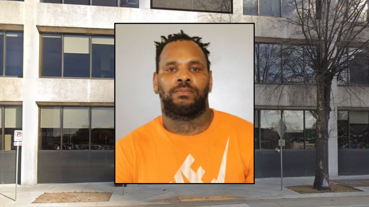 Inset: Daniel Solomon (Tulsa County Jail). Background: The Tulsa County District Attorney's Office (Google Maps).