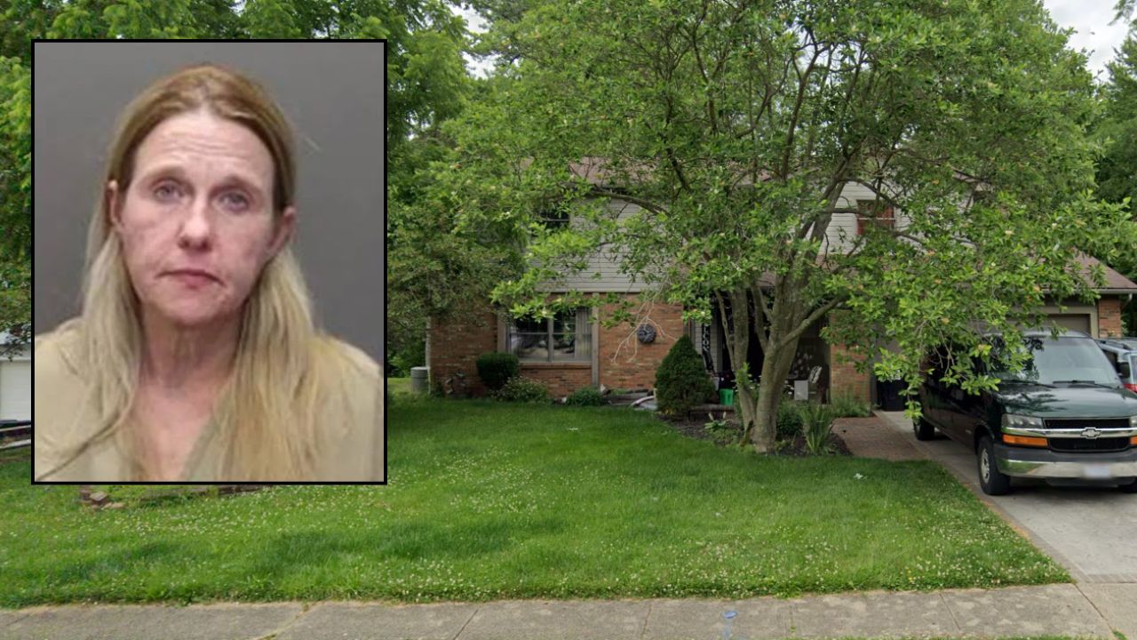Inset: Inset: Tammra Straughter (Franklin County Jail). Background: The Ohio home where Straughter ran her own daycare (Google Maps).