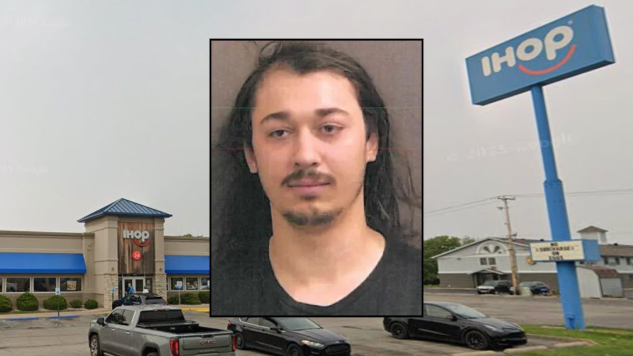 Inset: Austen Wable (Delaware County Jail). Background: The IHOP where Wable allegedly opened fire last week (Google Maps).