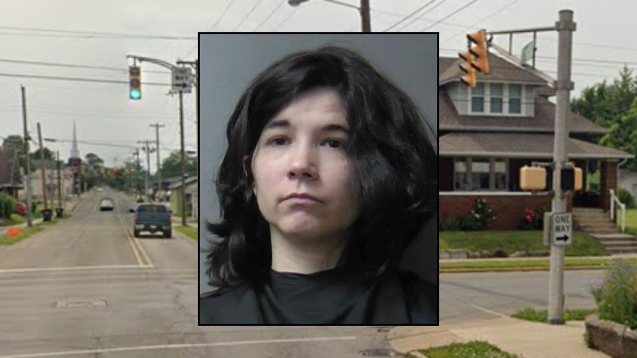 Inset: Mia Kelli Winkel (Madison County Jail). Background: The area in Indiana where Winkel allegedly crashed her car while drunk and fled the scene (Google Maps).